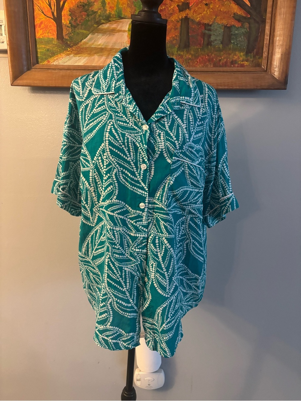 Stars Above Teal Floral Print Short-Sleeve Button Front Pajama Shirt Sz L
